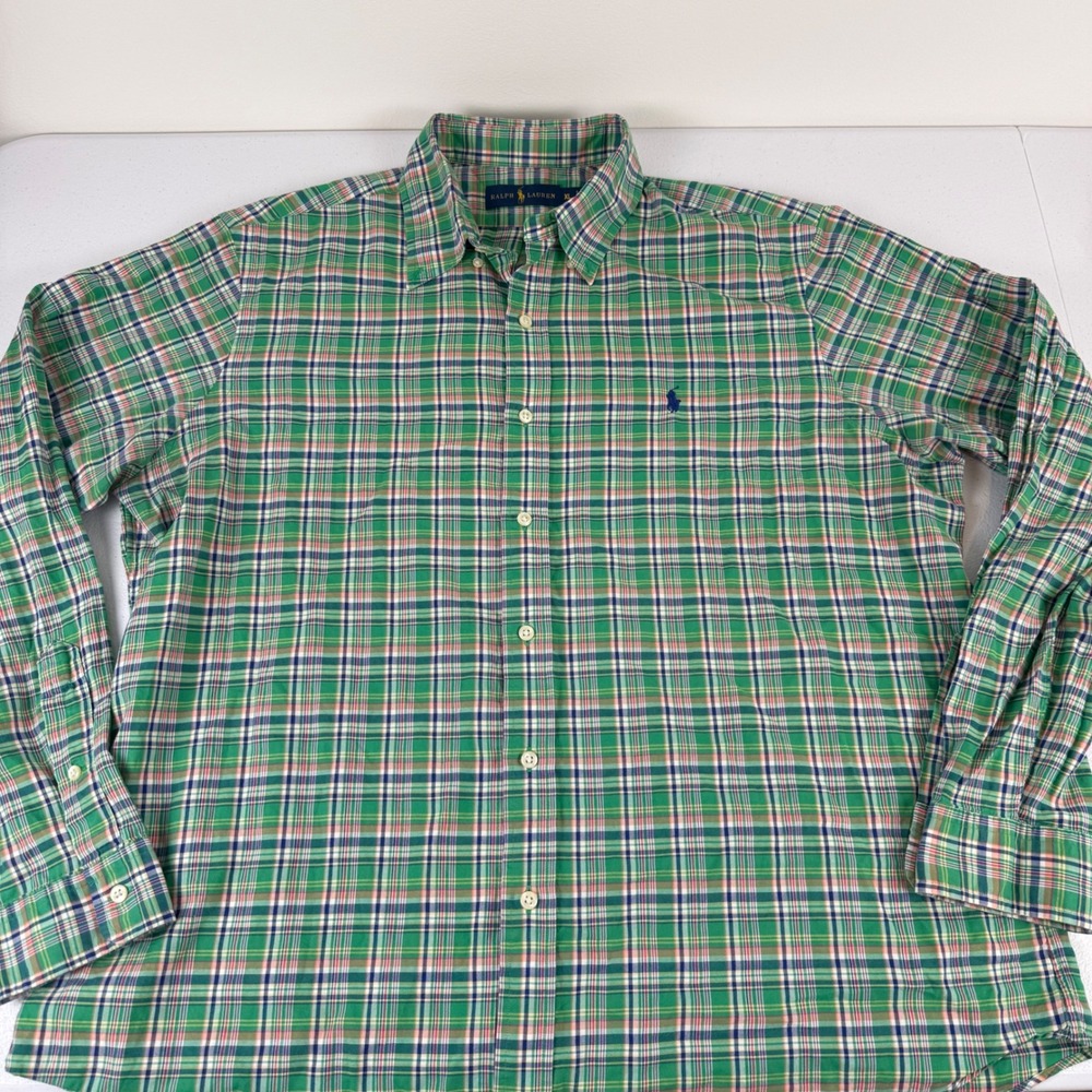 Ralph Lauren Mens XL Green Plaid Long Sleeve Button Down Shirt Navy Pony Logo